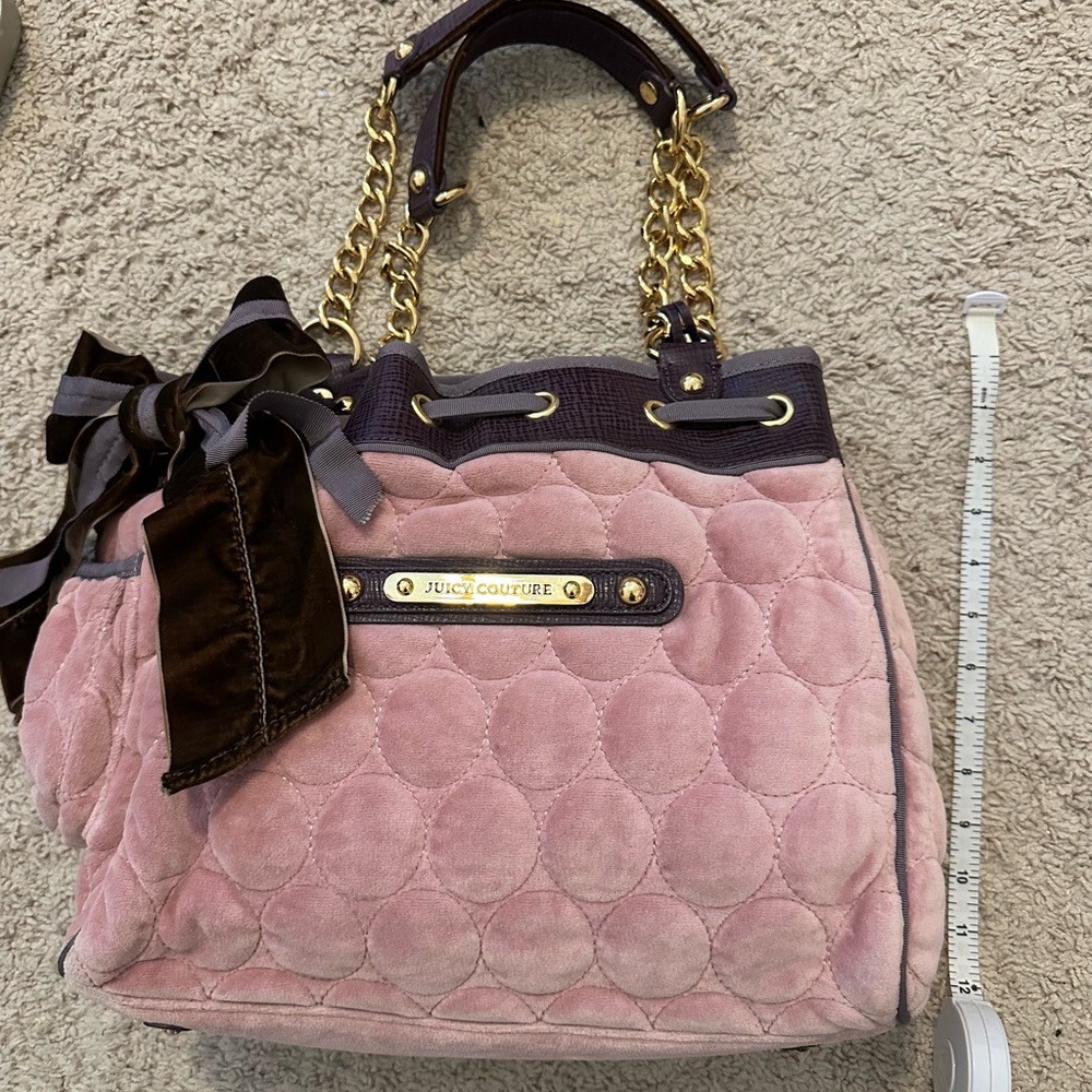 Juicy Couture Day Dreamer Quilted Pink Circles Tote Handbag Purse Velour Velvet